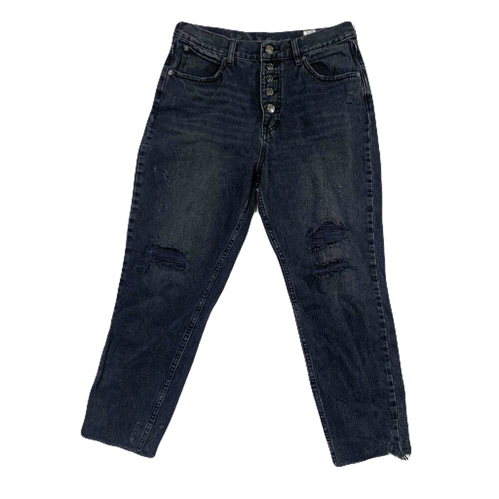 Free People High Rise Jeans Black Distressed Boho Frayed Hem Size 30